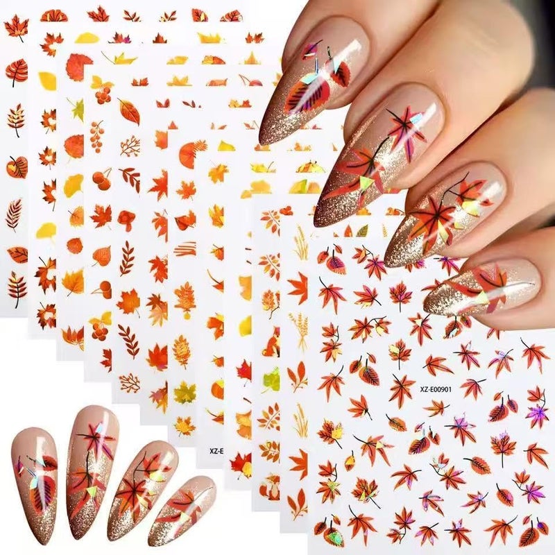 SPLOCUDU 12 Sheets Autumn Maple Leaves Nail Stickers 3D Self-Adhesive Fall Maple Leaf Nail Art Stickers Decals Self-Adhesive Thanksgiving Nail Decals Supplies Decorations for Women - Image 1